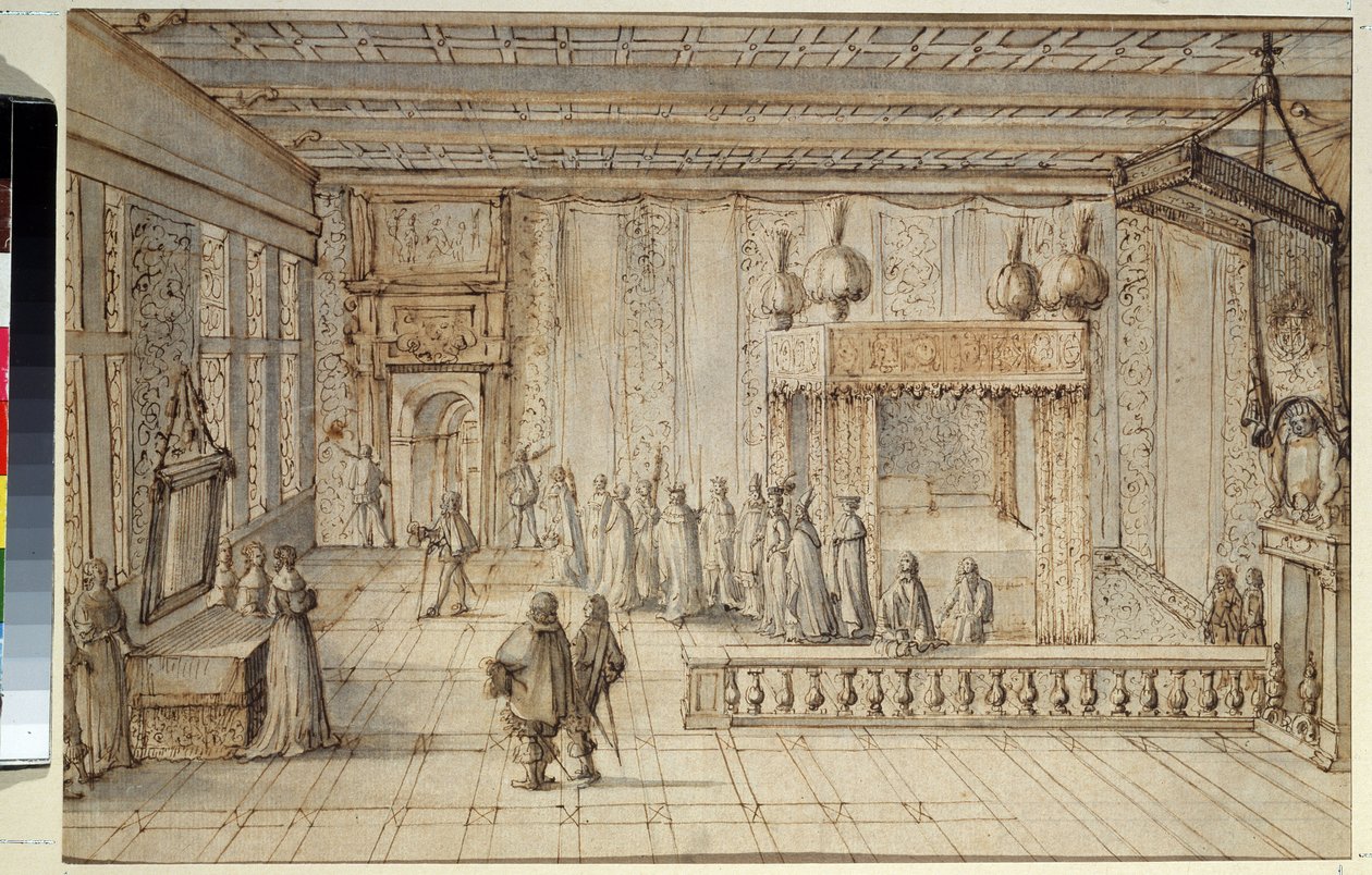 Kung Ludvig XIV:s (1638-1715) sovrum i Versailles. Kung Ludvig XIV:s kammare i Versailles. Teckning av Jean Le Pautre (1618-1682) av Jean Lepautre
