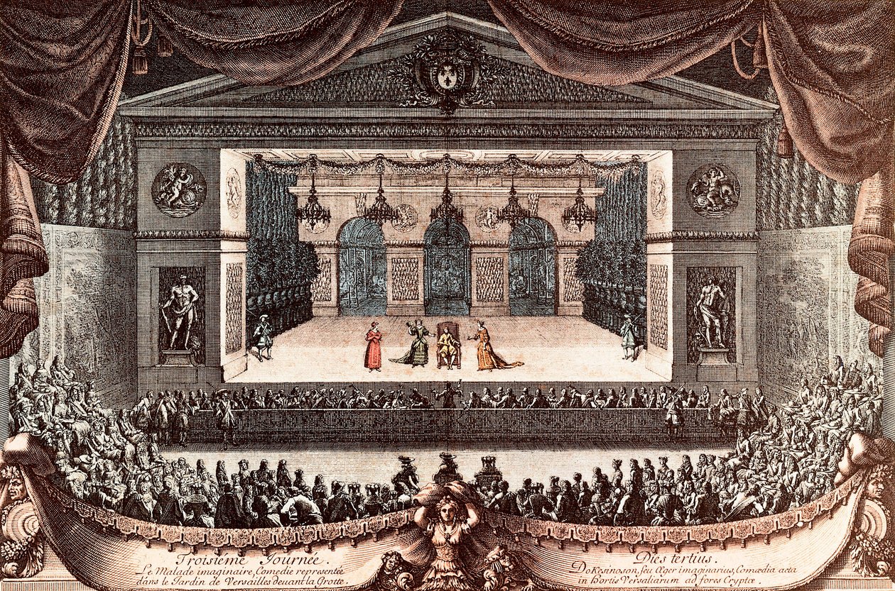 "Le malade imaginaire" (The Imaginary Invalid) av Jean Baptiste Poquelin dit Moliere i Versailles (färgad gravyr) av Jean Lepautre