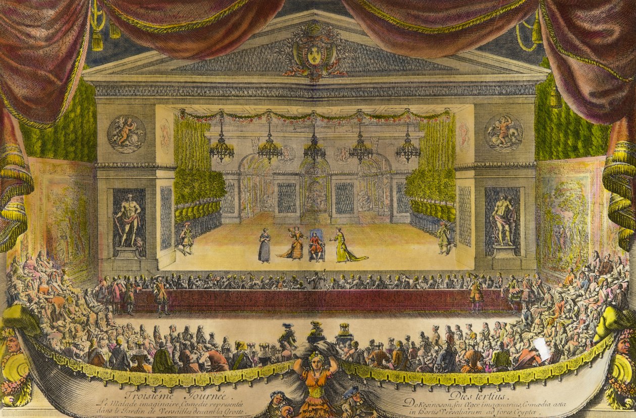 Representation av de imaginära sjuka i Versailles Representationen av pjäsen av Jean Baptiste Poquelin dit Moliere (1622-1673) framför grottan Thetis (Thetys) i Versailles trädgårdar i närvaro av kung Ludvig XIV, plats i centrum av Jean Lepautre
