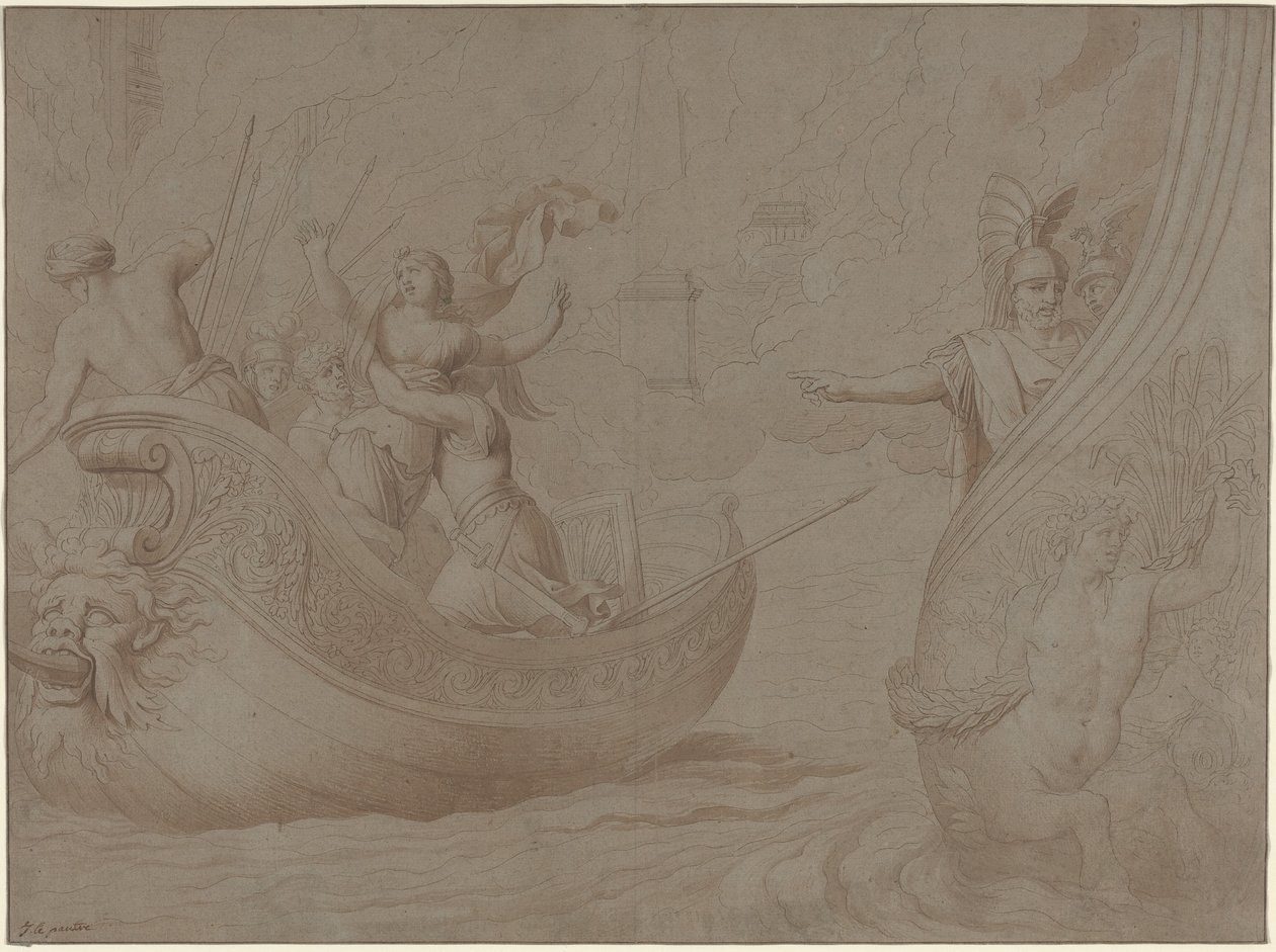 The Abduction of Helen of Troy (penna och svart bläck med brun lavering på grått liggande papper) av Jean Lepautre