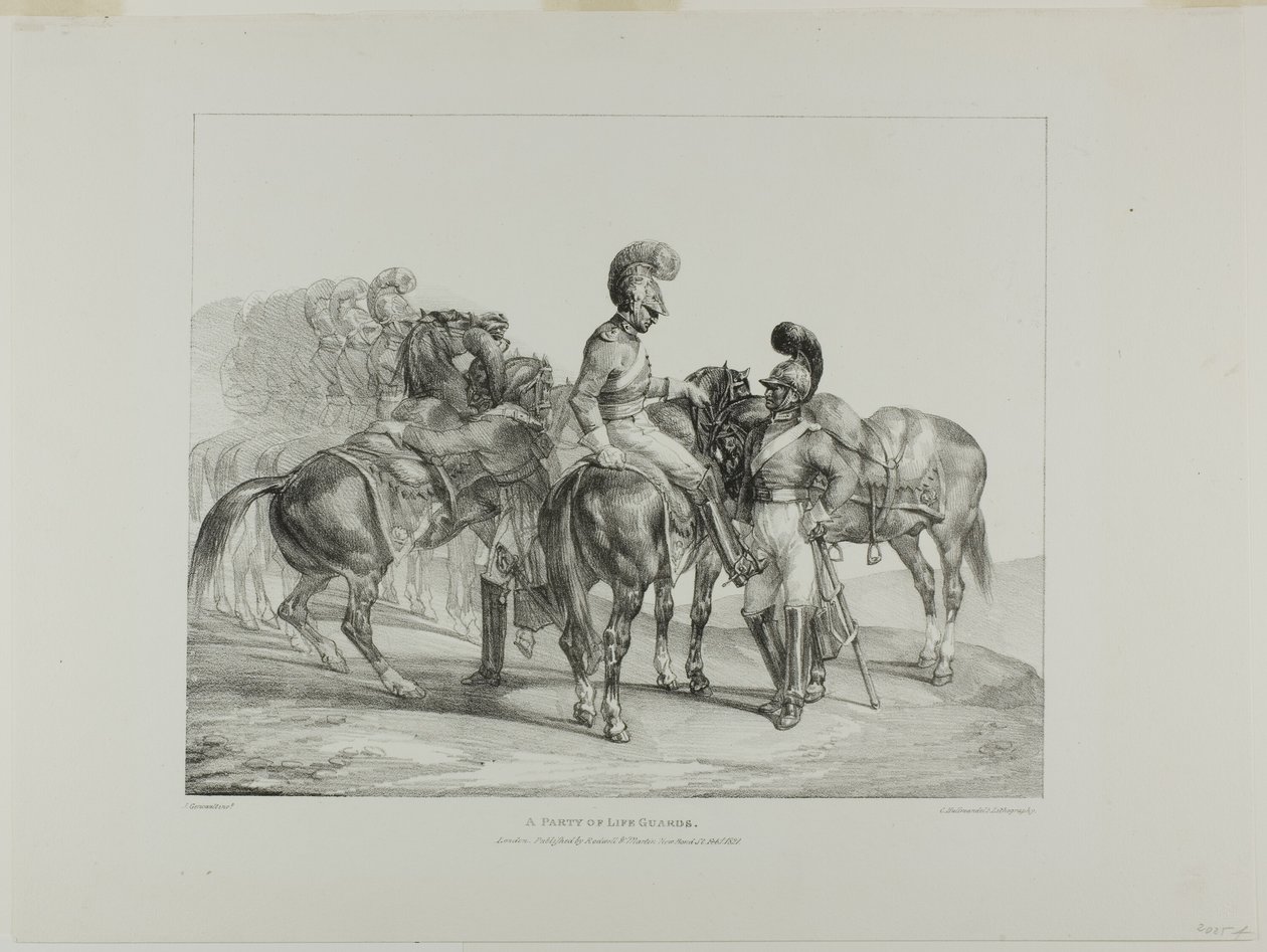 A Party of Life Guards, plansch 5 från olika ämnen tecknade ur livet och på sten (The English Suite) av Jean Louis André Théodore Géricault