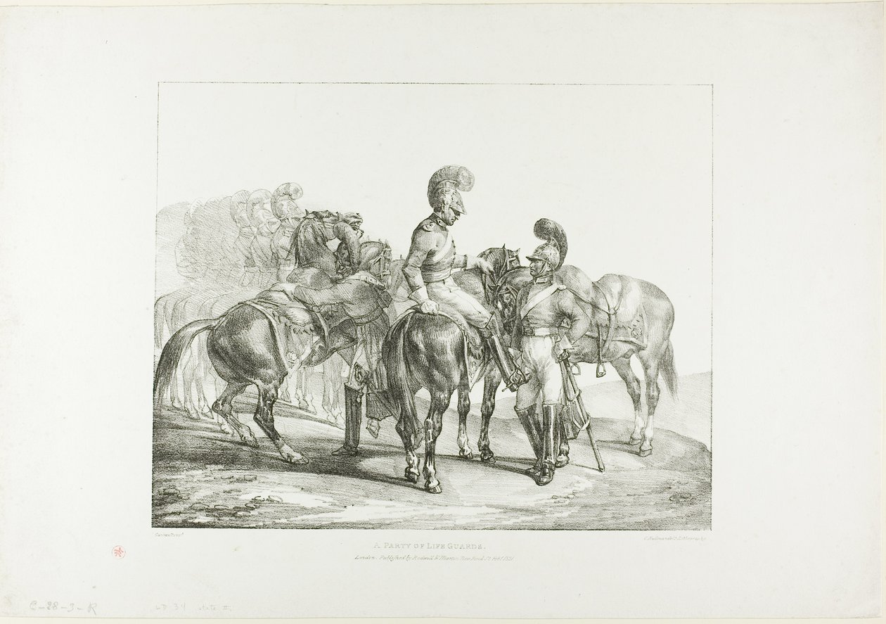 En grupp livgardister, plansch 5 från olika motiv tecknade efter livet på sten av Jean Louis André Théodore Géricault