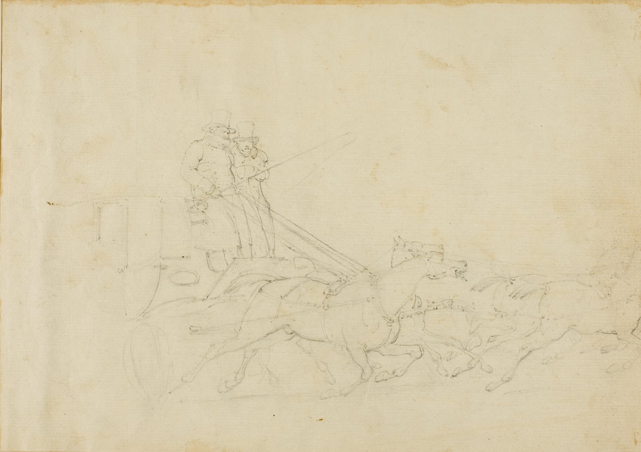 Diligens dragen av fyra galopperande hästar av Jean Louis André Théodore Géricault