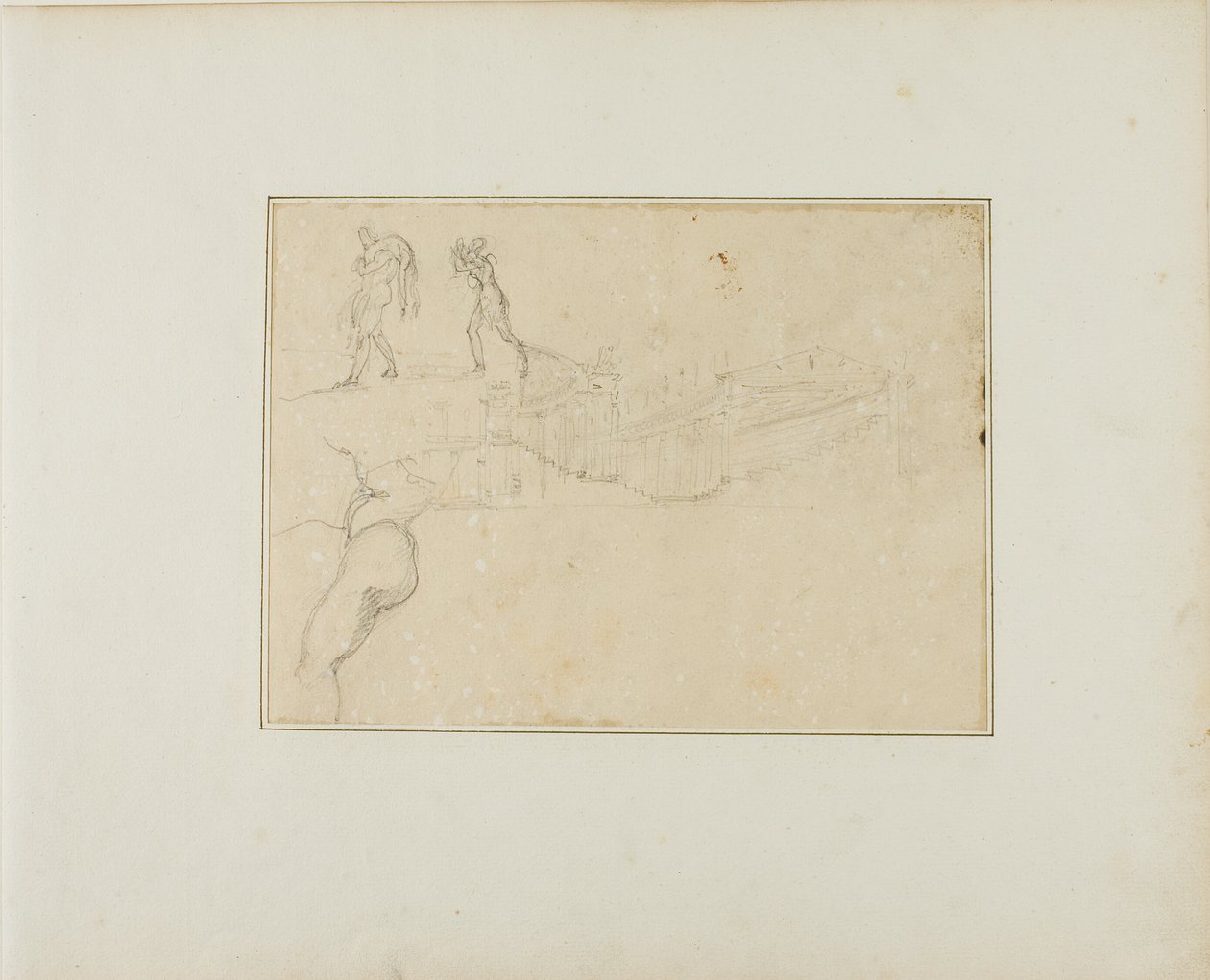 Tvärsnitt av en pelarsal och tre figurskisser av Jean Louis André Théodore Géricault