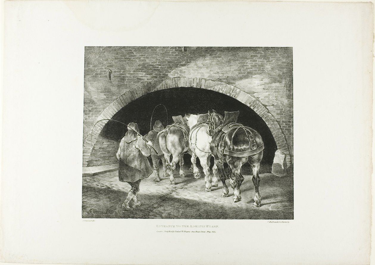 Ingång till Adelphi Wharf, plansch 11 från Olika motiv tecknade efter livet på sten av Jean Louis André Théodore Géricault