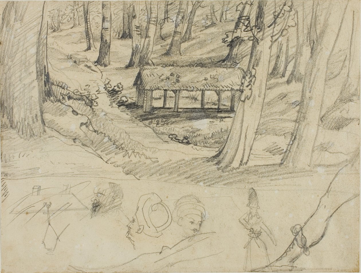 Skogsinteriör med halmtak och andra skisser av Jean Louis André Théodore Géricault