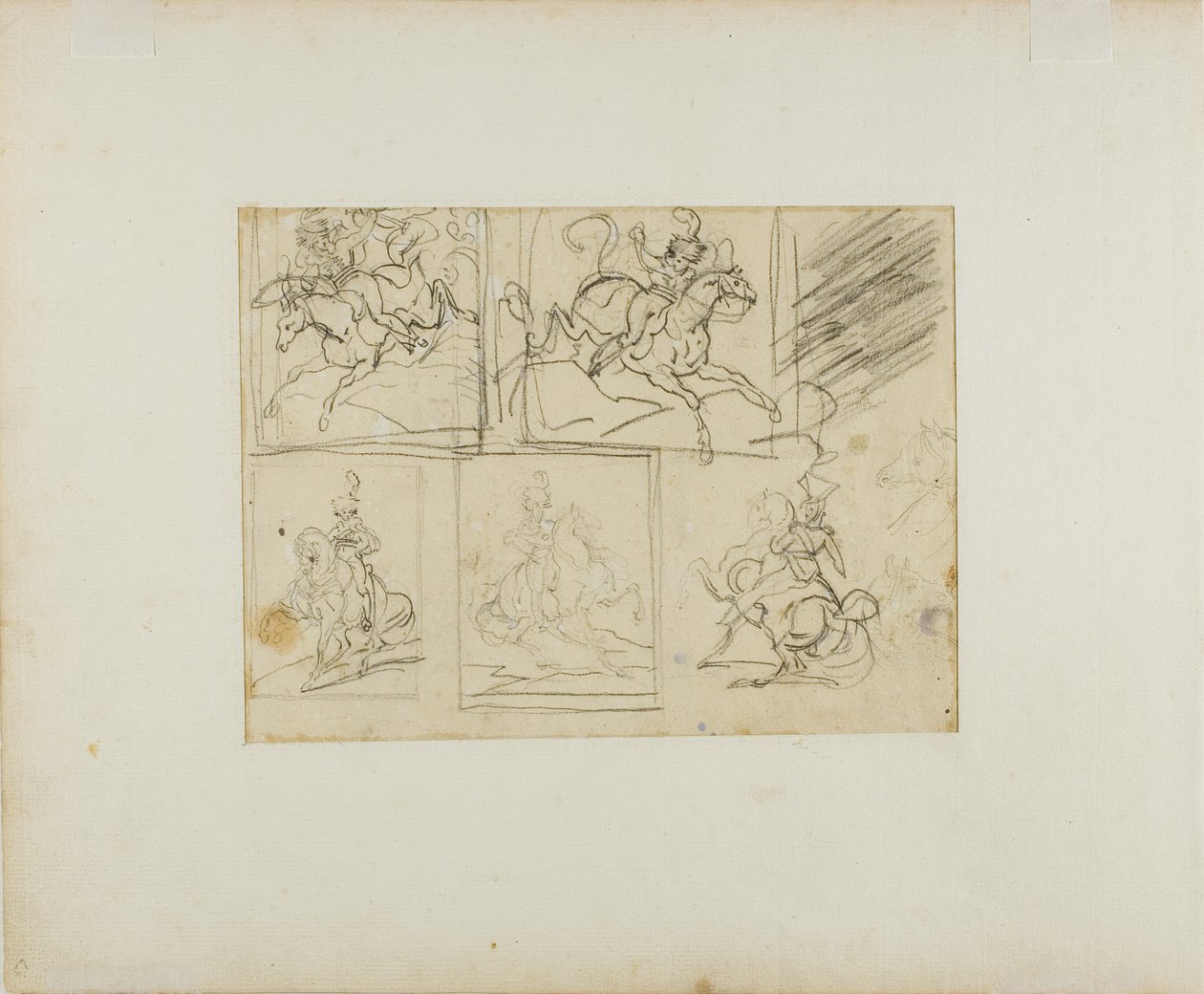 Fyra skisser av en beriden trumpetare och en polsk lansiär av Jean Louis André Théodore Géricault
