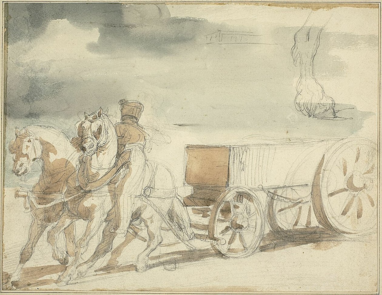 Ammunitionsvagn dragen av två hästar av Jean Louis André Théodore Géricault