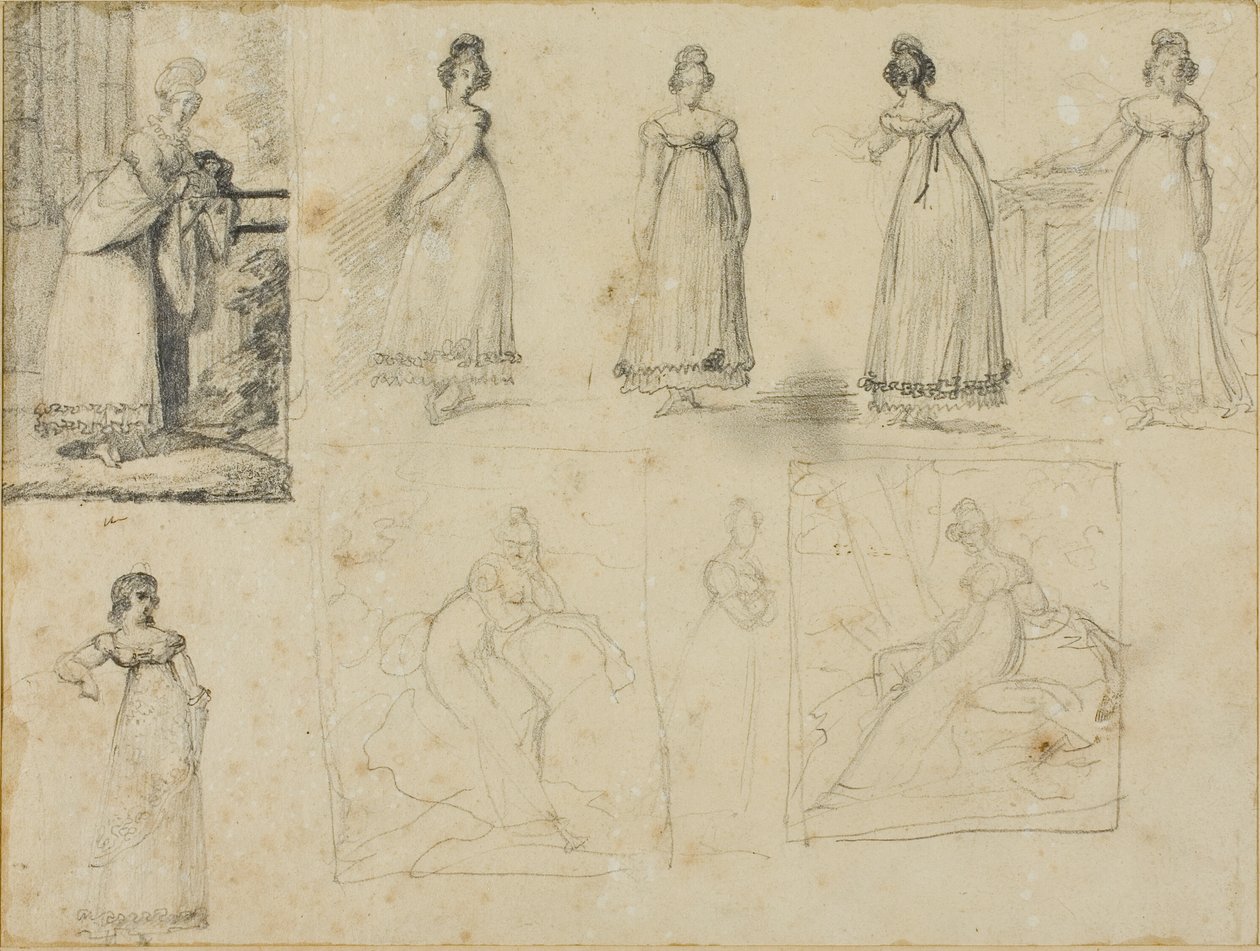 Nio skisser av en ung kvinna i moderiktig klädsel av Jean Louis André Théodore Géricault