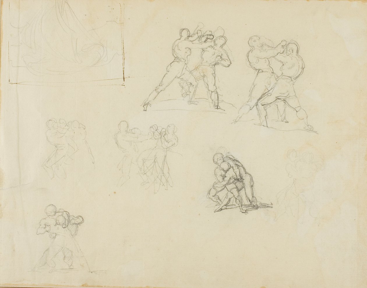 Sju skisser av par av boxare eller brottare av Jean Louis André Théodore Géricault