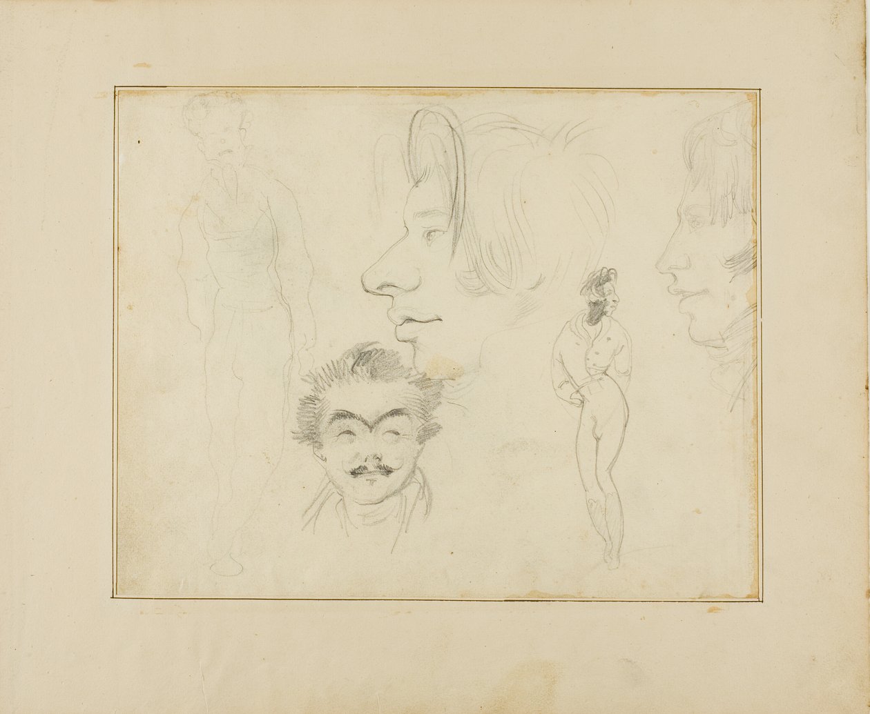 Blad med karikatyrer av Jean Louis André Théodore Géricault