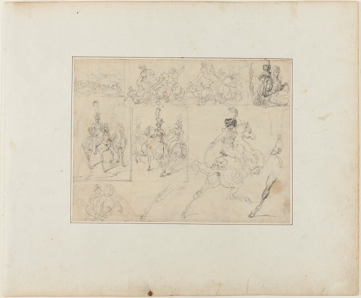 Blad med skisser: Kavalleristrider och beridna soldater av Jean Louis André Théodore Géricault