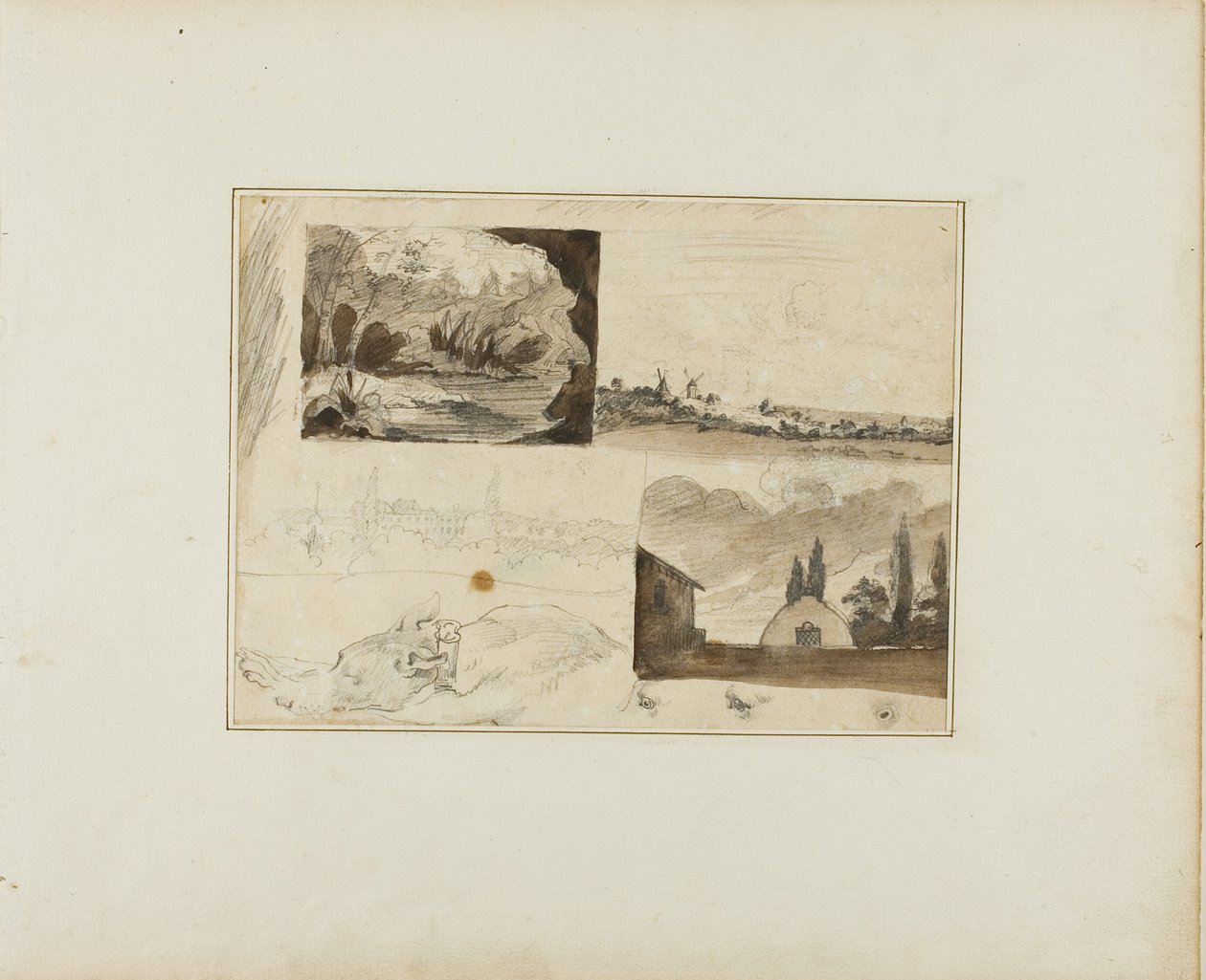 Blad med skisser: Fyra landskap och en vinthund av Jean Louis André Théodore Géricault