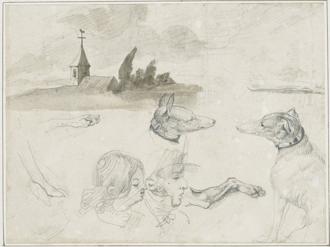Blad med skisser: Vinthundar; ett manligt och ett kvinnligt huvud i av Jean Louis André Théodore Géricault