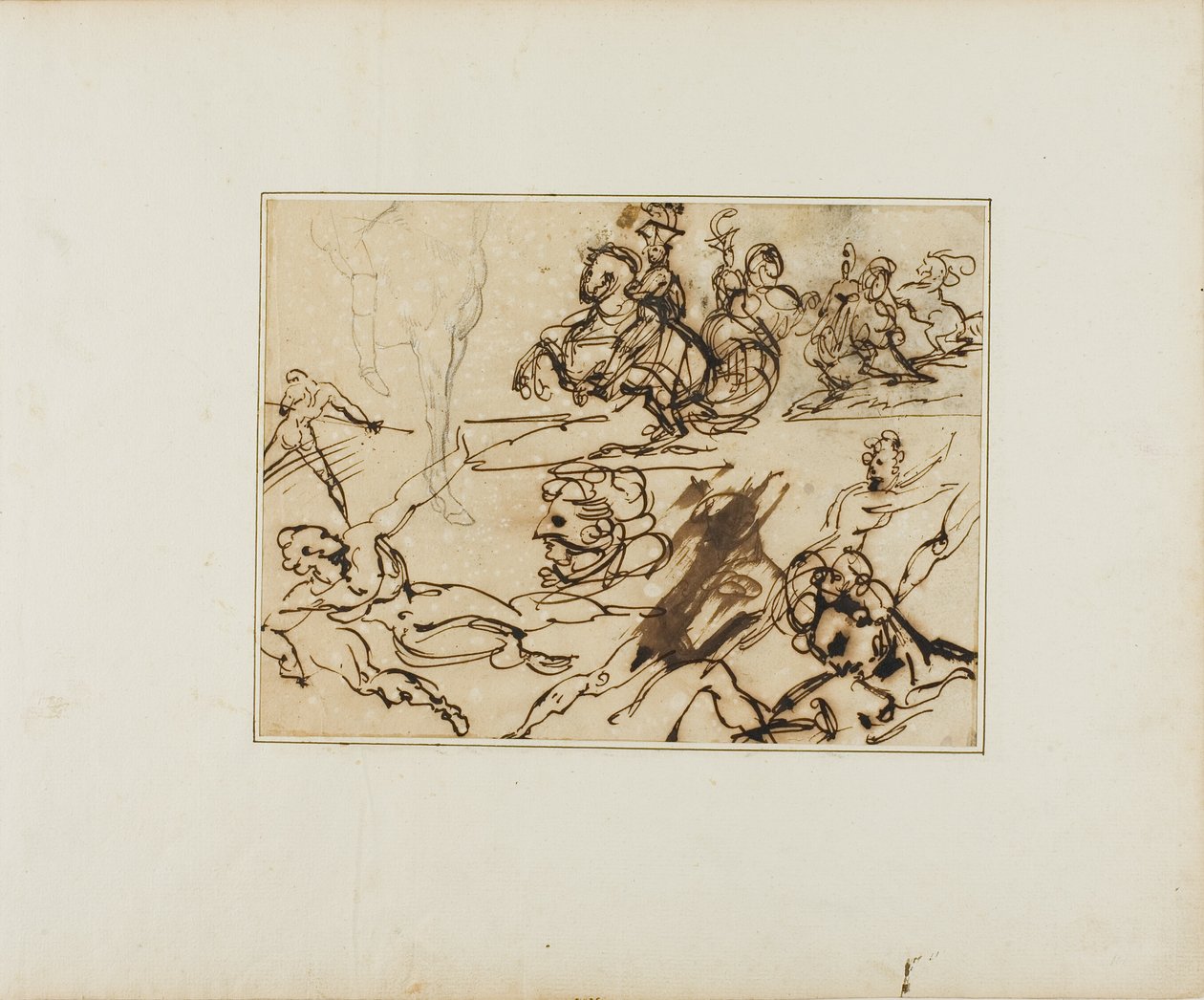 Blad med skisser: Lansiärer, kämpande nakenstudier, andra motiv av Jean Louis André Théodore Géricault