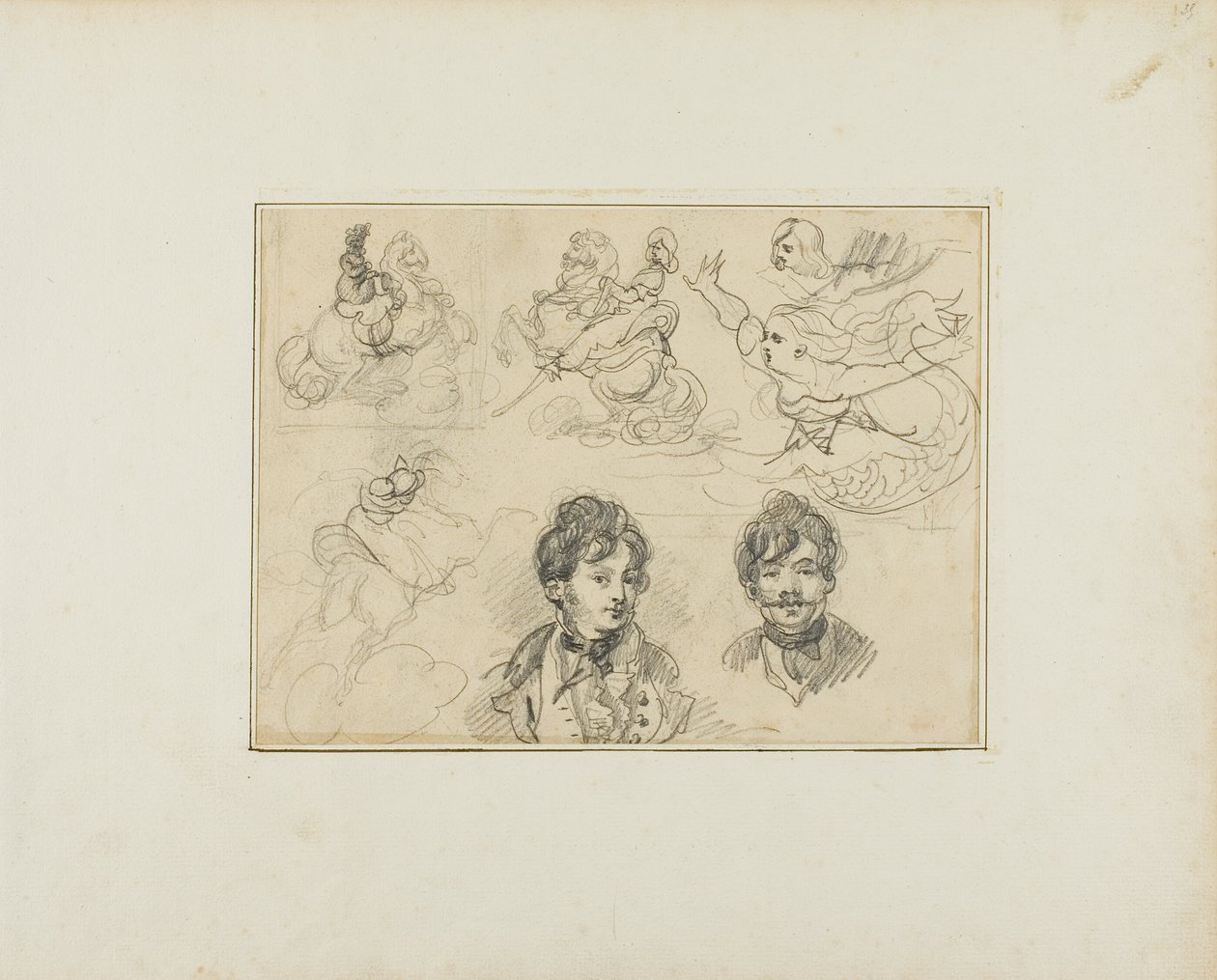 Blad med skisser: Ryttare, sjöjungfrur och två porträtt av unga män av Jean Louis André Théodore Géricault