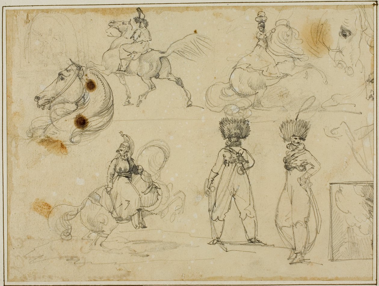 Blad med skisser: Soldater, hästar och ett landskap av Jean Louis André Théodore Géricault