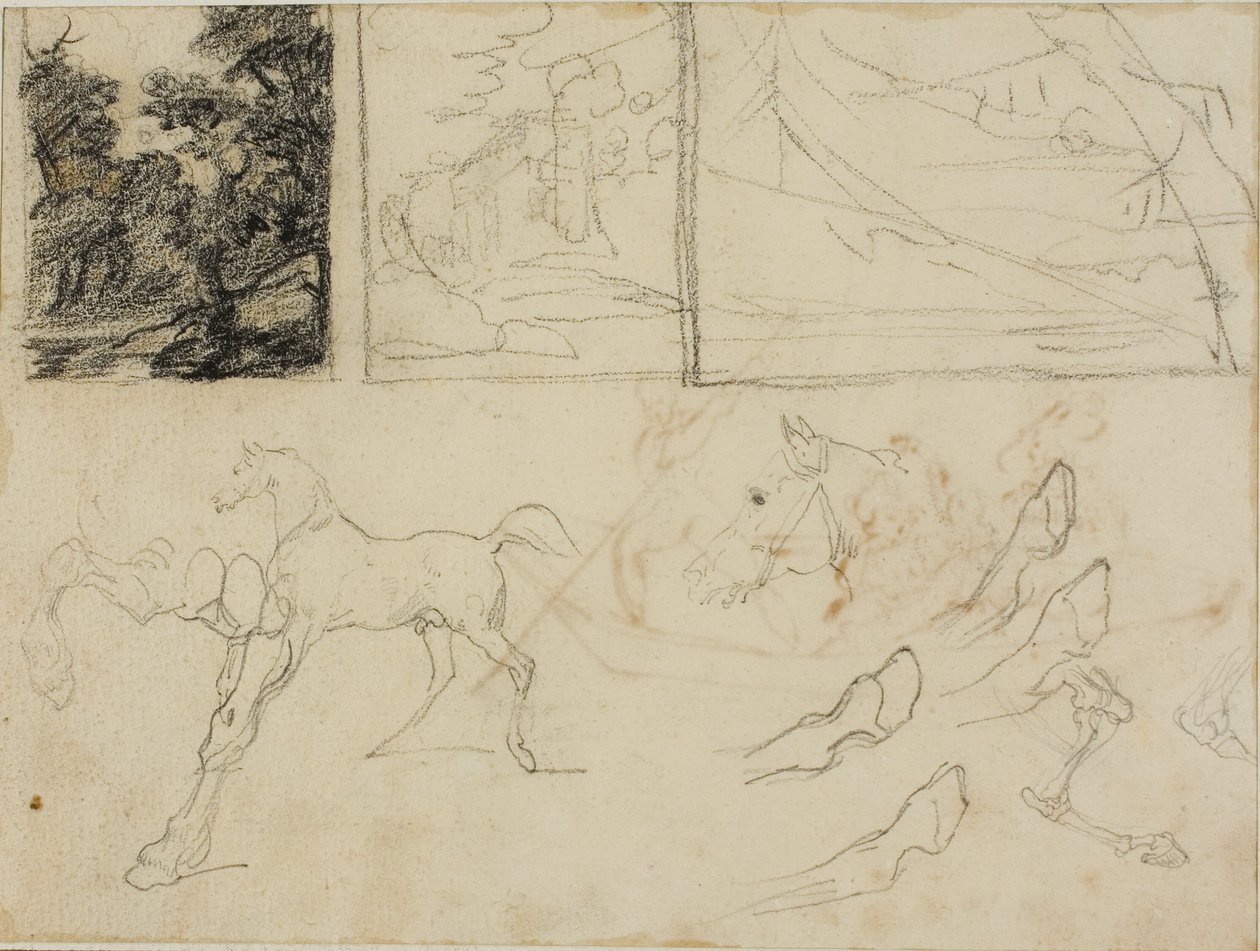 Blad med skisser: tre landskap, hästar och hovar av Jean Louis André Théodore Géricault