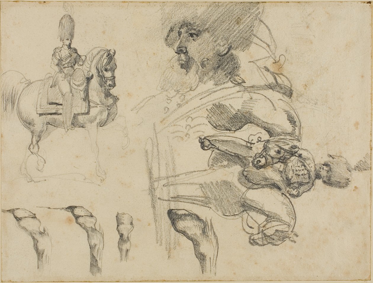 Skisser av hästar, soldater och hovar av Jean Louis André Théodore Géricault