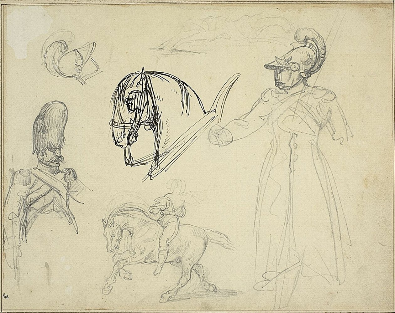 Skisser av hästar och soldater av Jean Louis André Théodore Géricault