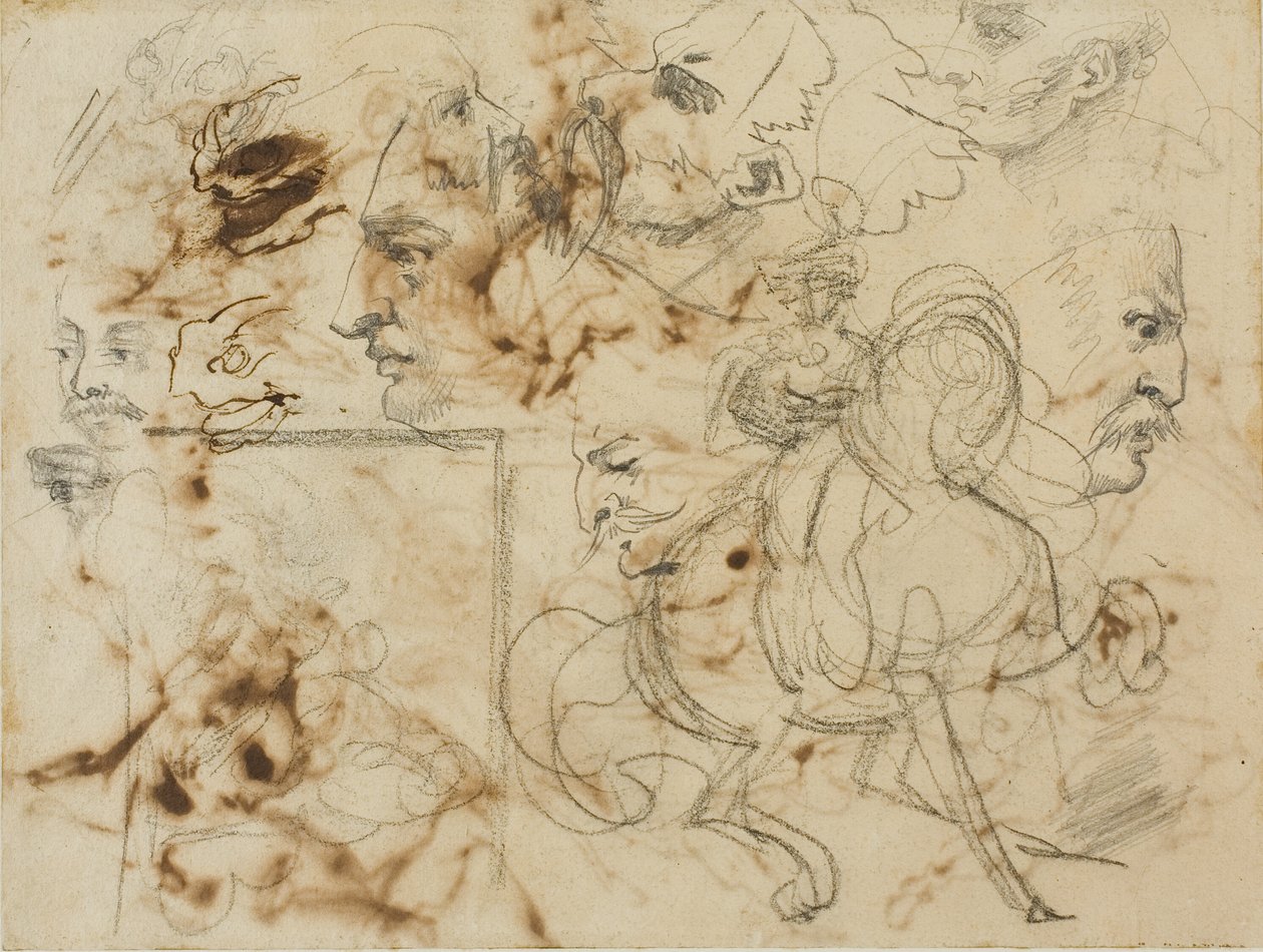Skisser av människors ansikten, hästars mungipor och beridna soldater av Jean Louis André Théodore Géricault