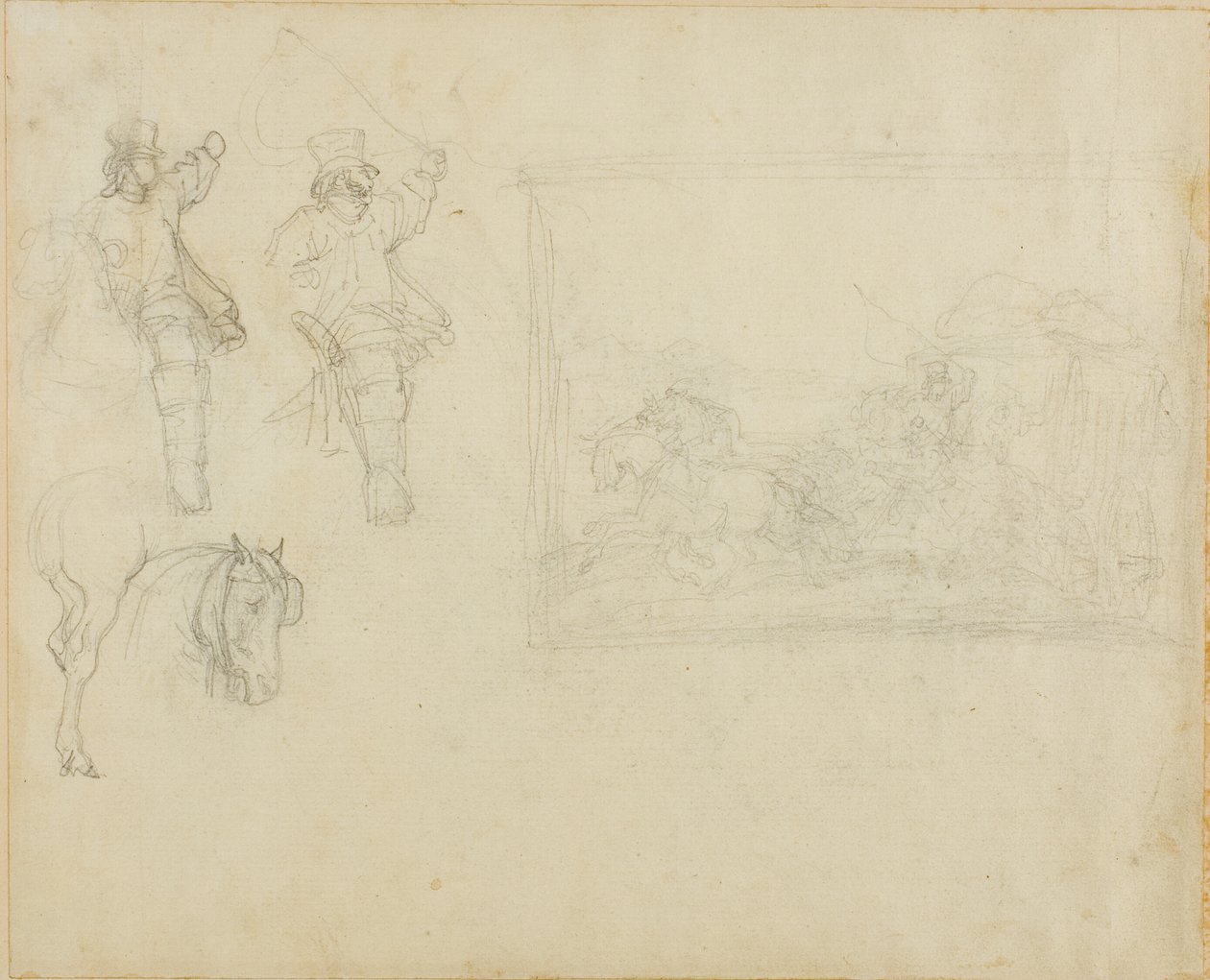 Skisser av postiljoner och en diligens av Jean Louis André Théodore Géricault