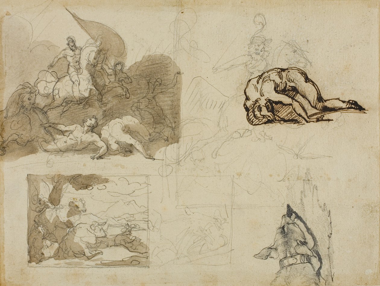 Skisser av ett kavallerislag, ett landskap med kor och andra kompositioner av Jean Louis André Théodore Géricault