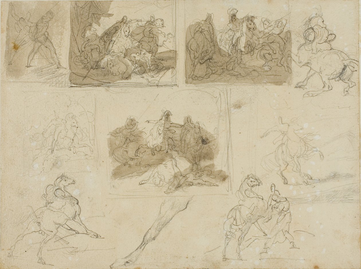 Skisser av ett kavallerislag och studier av en draghäst av Jean Louis André Théodore Géricault