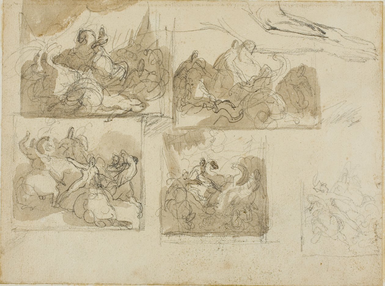 Skisser av ett kavallerislag och en hunds framtassar av Jean Louis André Théodore Géricault