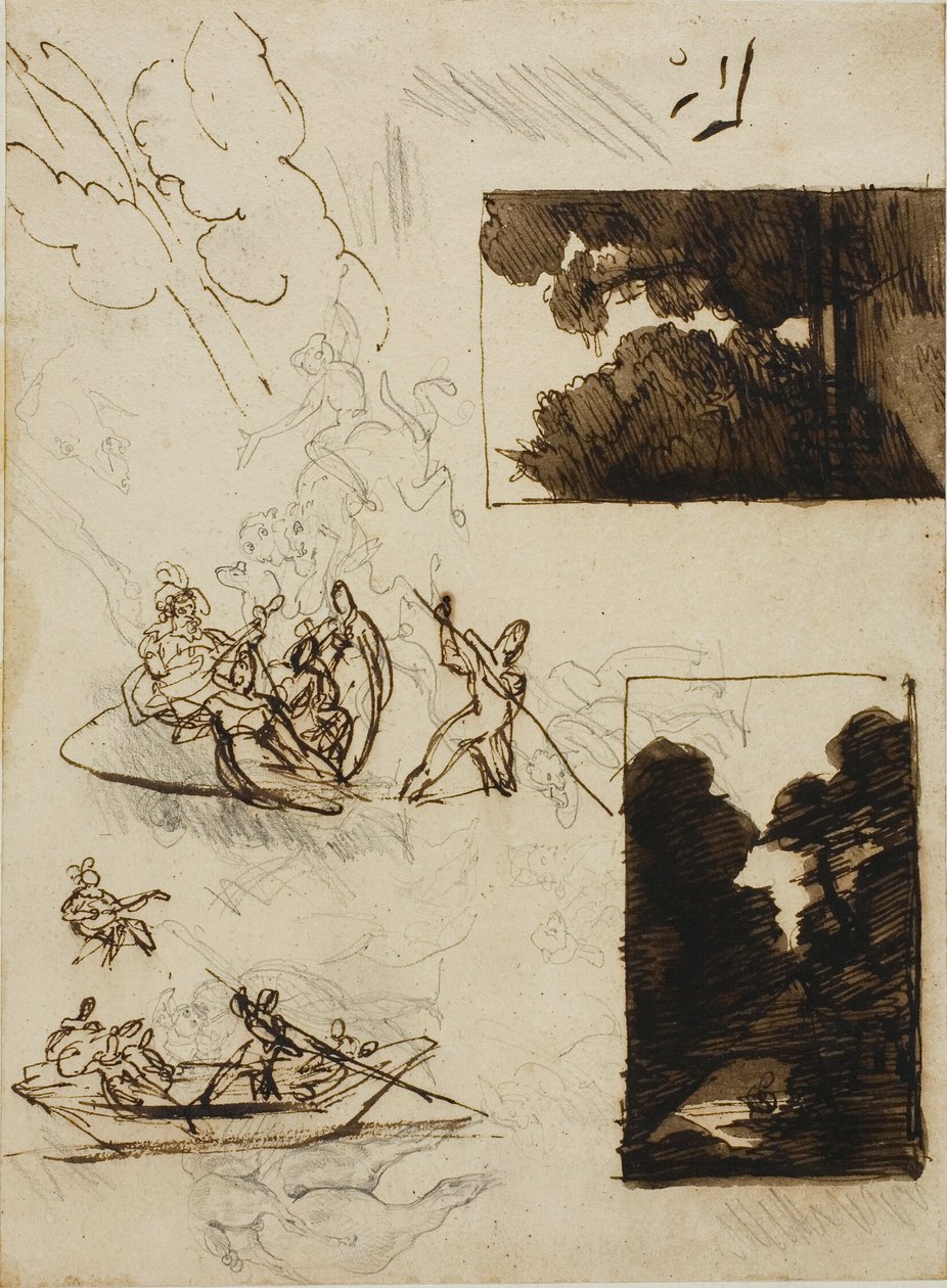 Skisser av en skogsstig och en musikalisk båtfest av Jean Louis André Théodore Géricault