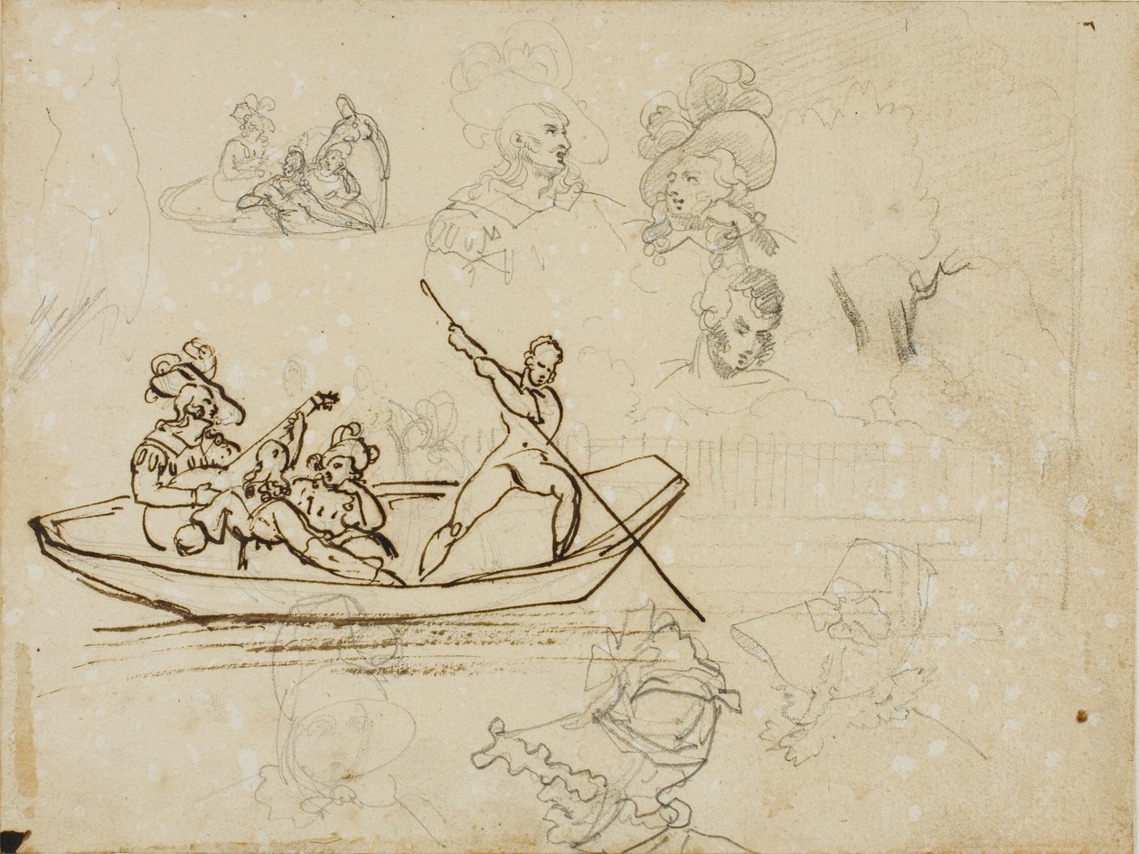 Skisser av ett musikaliskt båtsällskap och av en kvinna med hög hatt av Jean Louis André Théodore Géricault