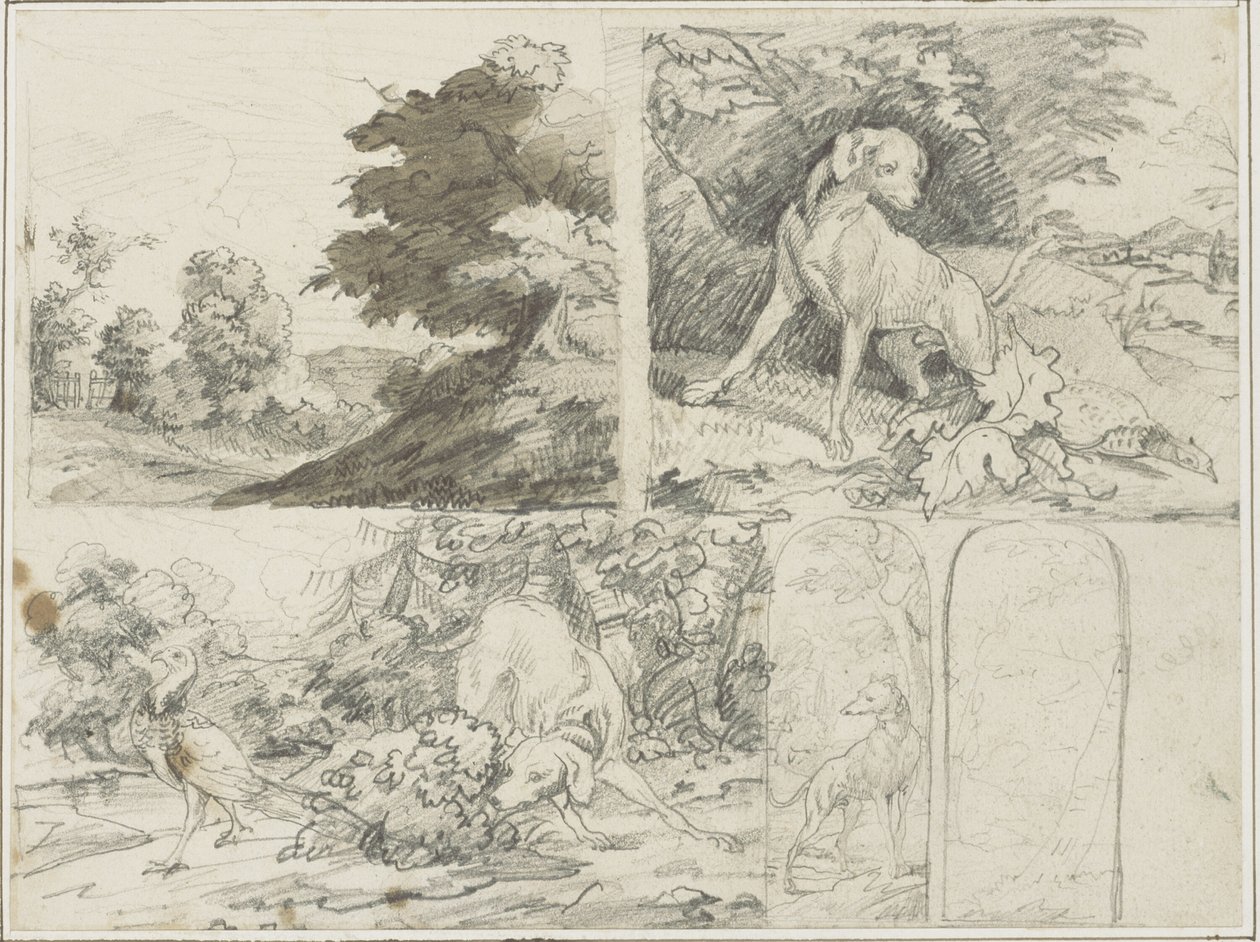 Skisser av ett skogsparti, hundar och fasaner i landskap av Jean Louis André Théodore Géricault