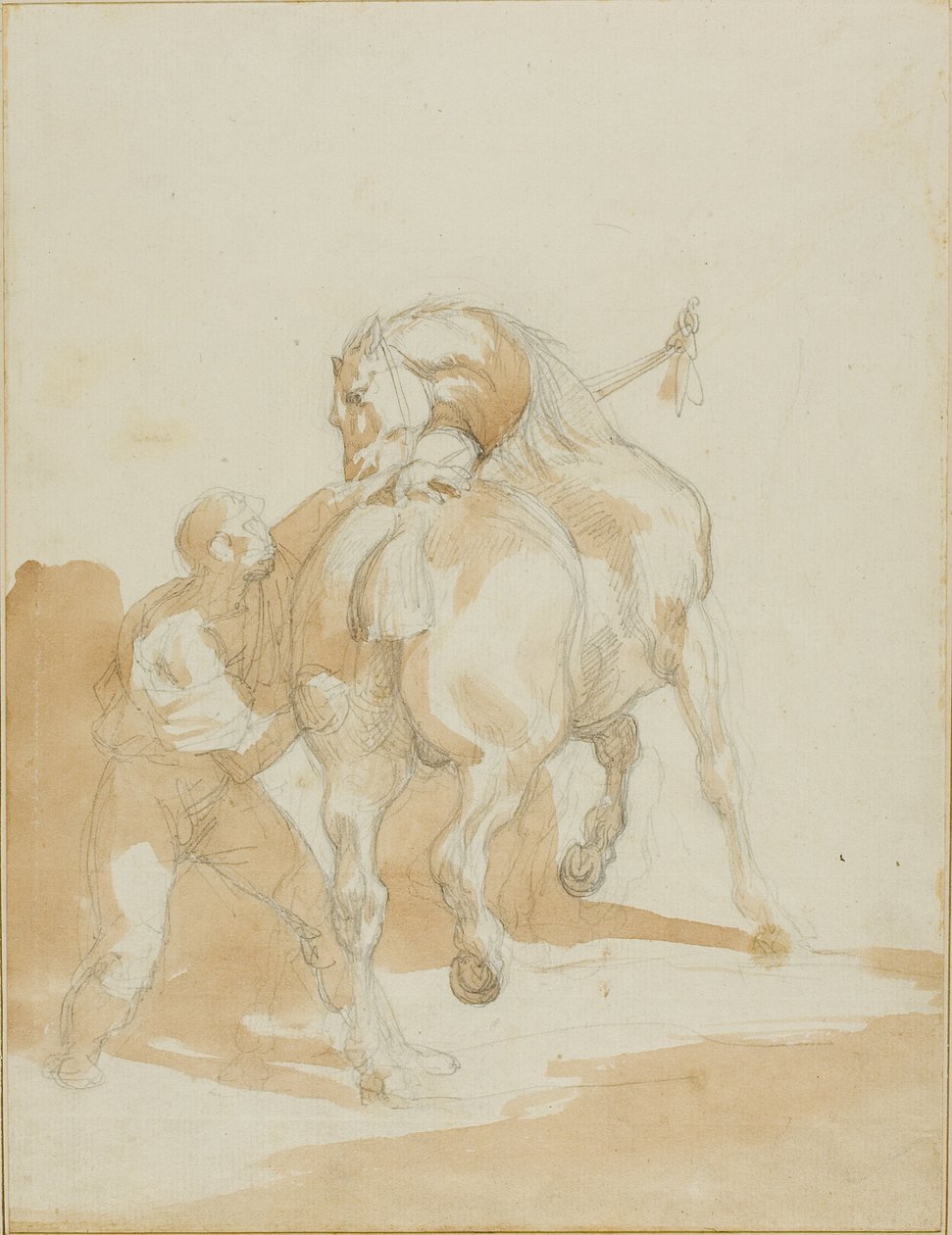 Stallpojke tar hand om en häst av Jean Louis André Théodore Géricault