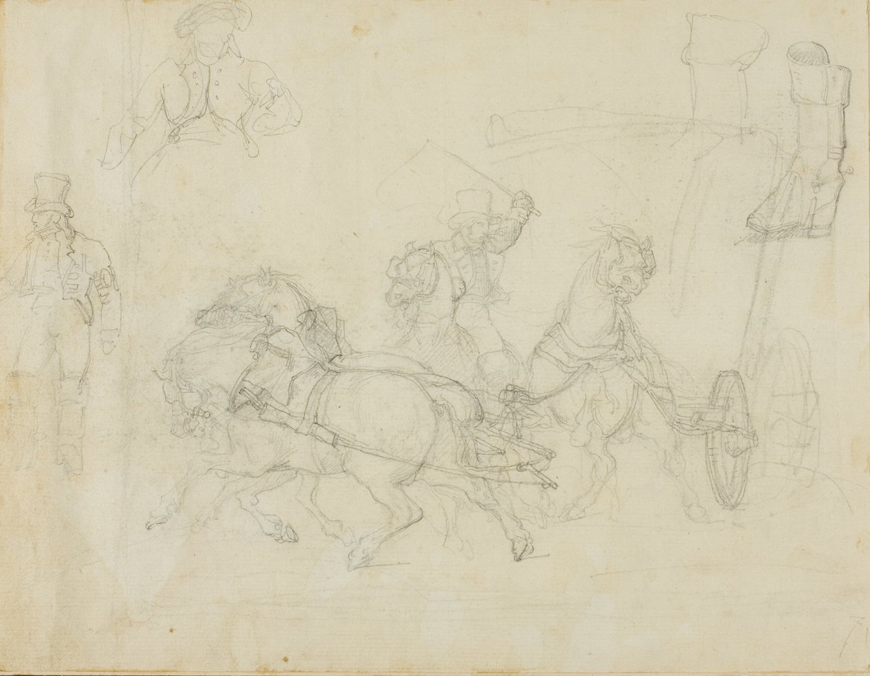 Diligens dragen av fem hästar och andra skisser av Jean Louis André Théodore Géricault