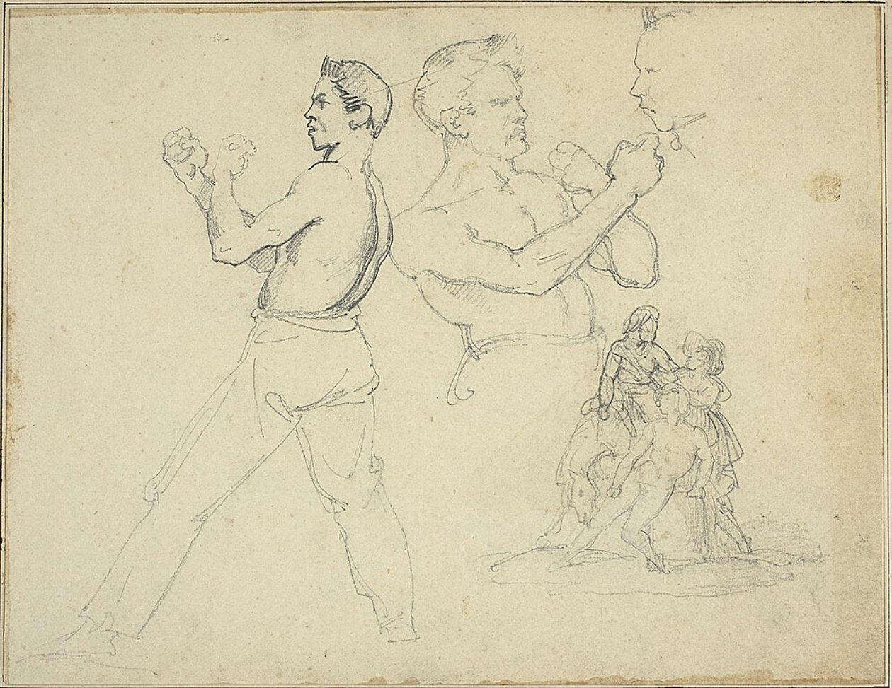 Studier av boxare och skiss av ryttare med två figurer av Jean Louis André Théodore Géricault