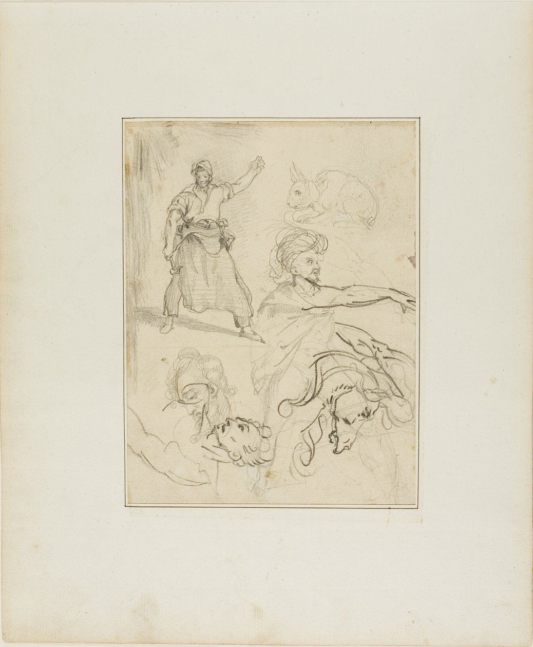 Studier av en smed och ett hästhuvud med skisser av andra figurer och en kanin av Jean Louis André Théodore Géricault