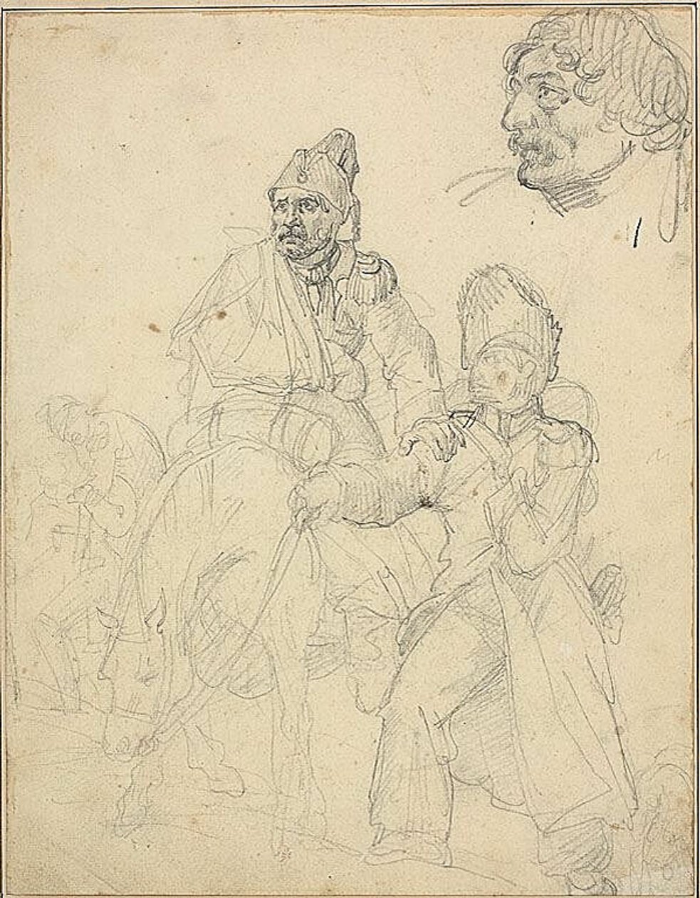 Studie av figurgrupp, med detalj av grenadjärens huvud av Jean Louis André Théodore Géricault