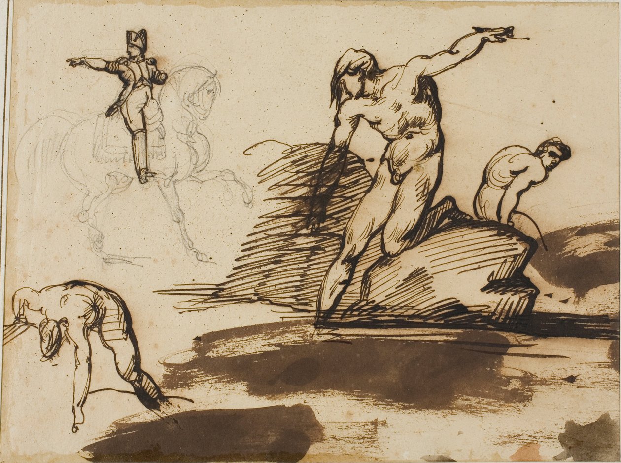 Studie av Napoleon till häst med skisser av nakna personer bland stenar av Jean Louis André Théodore Géricault