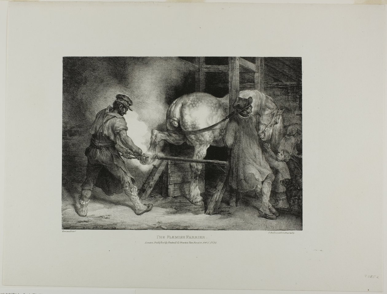 Den flamländske hovslagaren, plansch 4 ur Olika motiv tecknade ur livet och på sten (Den engelska sviten) av Jean Louis André Théodore Géricault