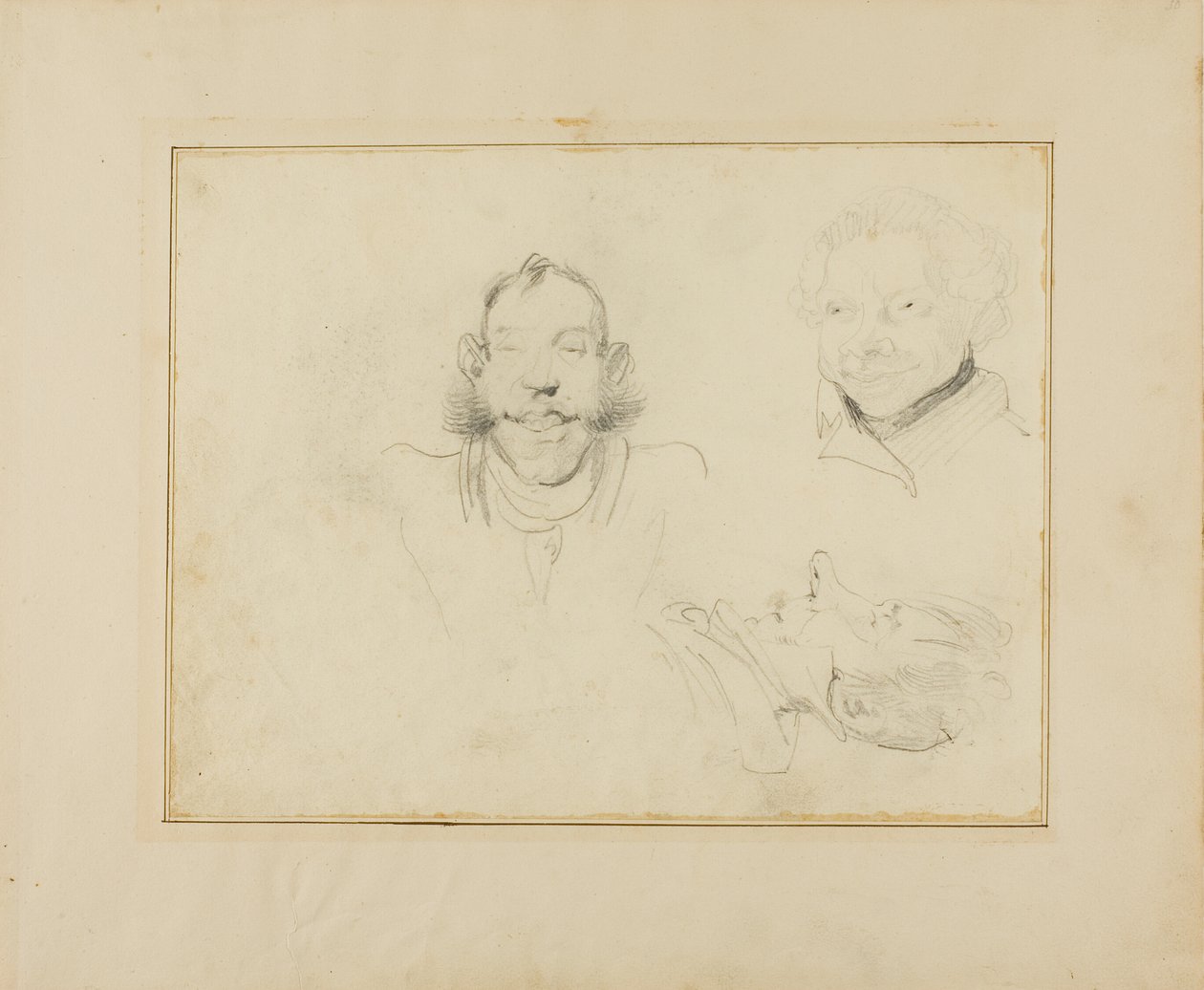 Tre karikatyrer av huvuden av Jean Louis André Théodore Géricault