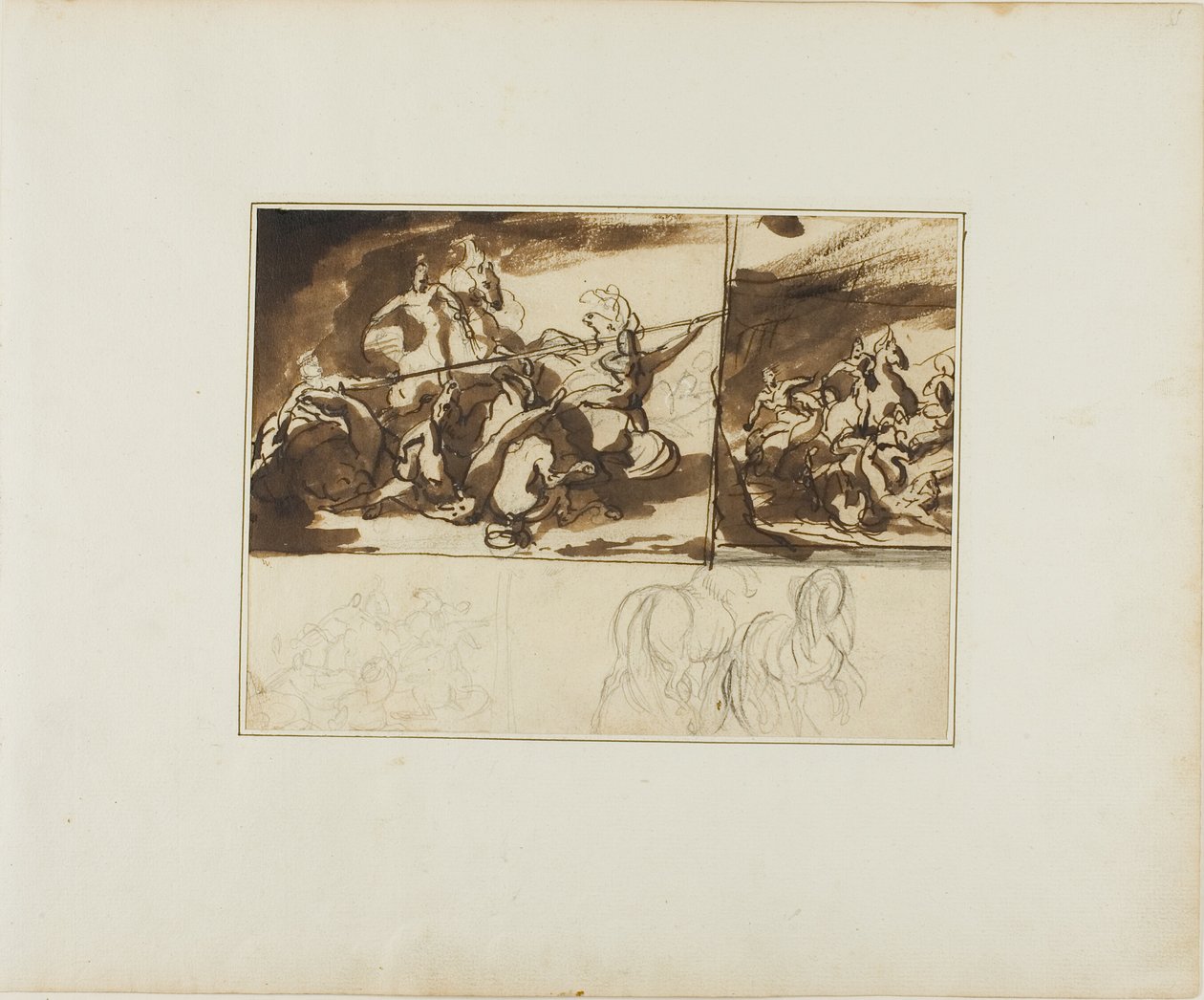 Tre skisser av ett ryttarslag och en skiss av två av Jean Louis André Théodore Géricault