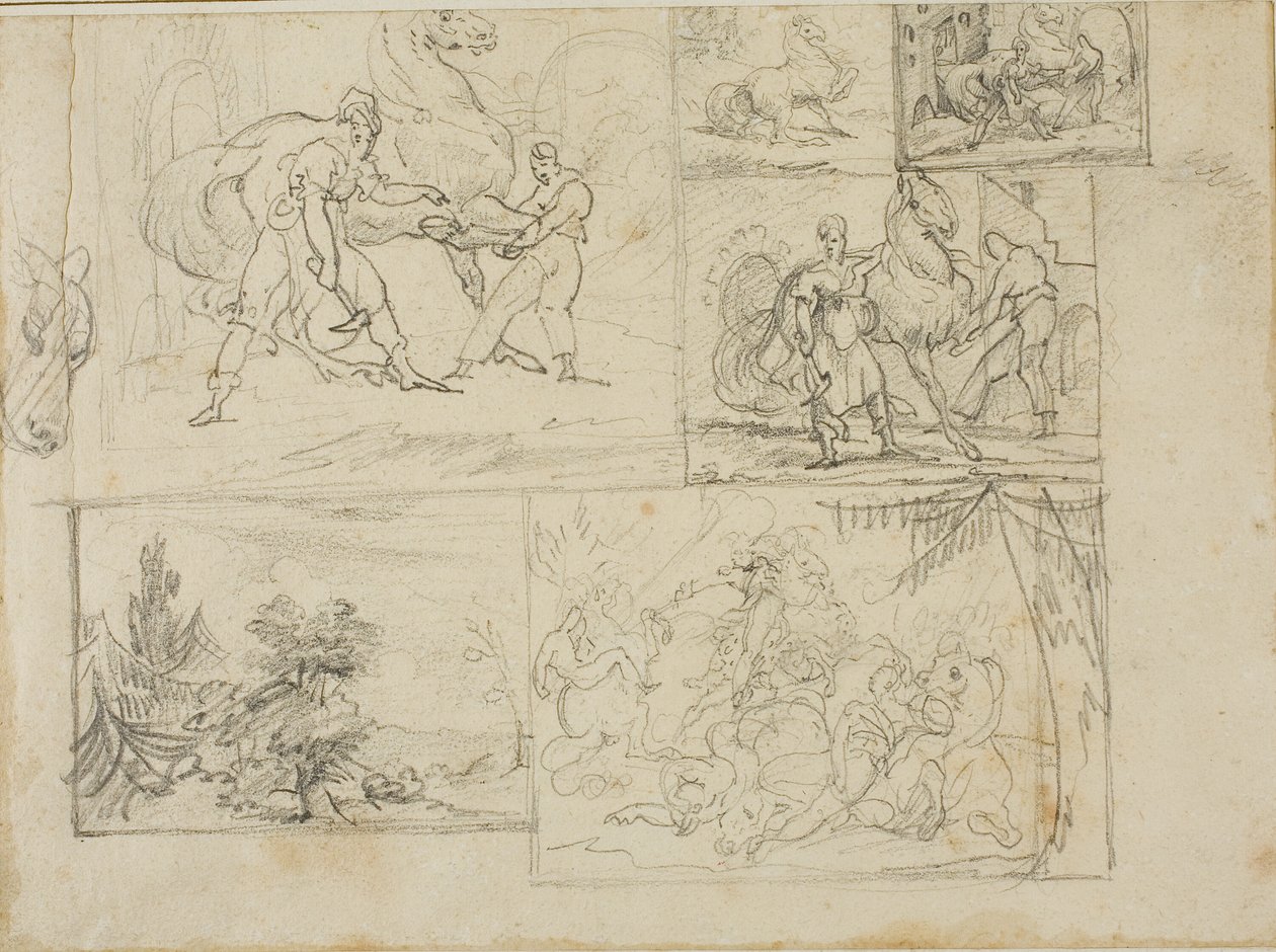 Tre studier med skisser av ett skogslandskap och ett kavallerislag av Jean Louis André Théodore Géricault