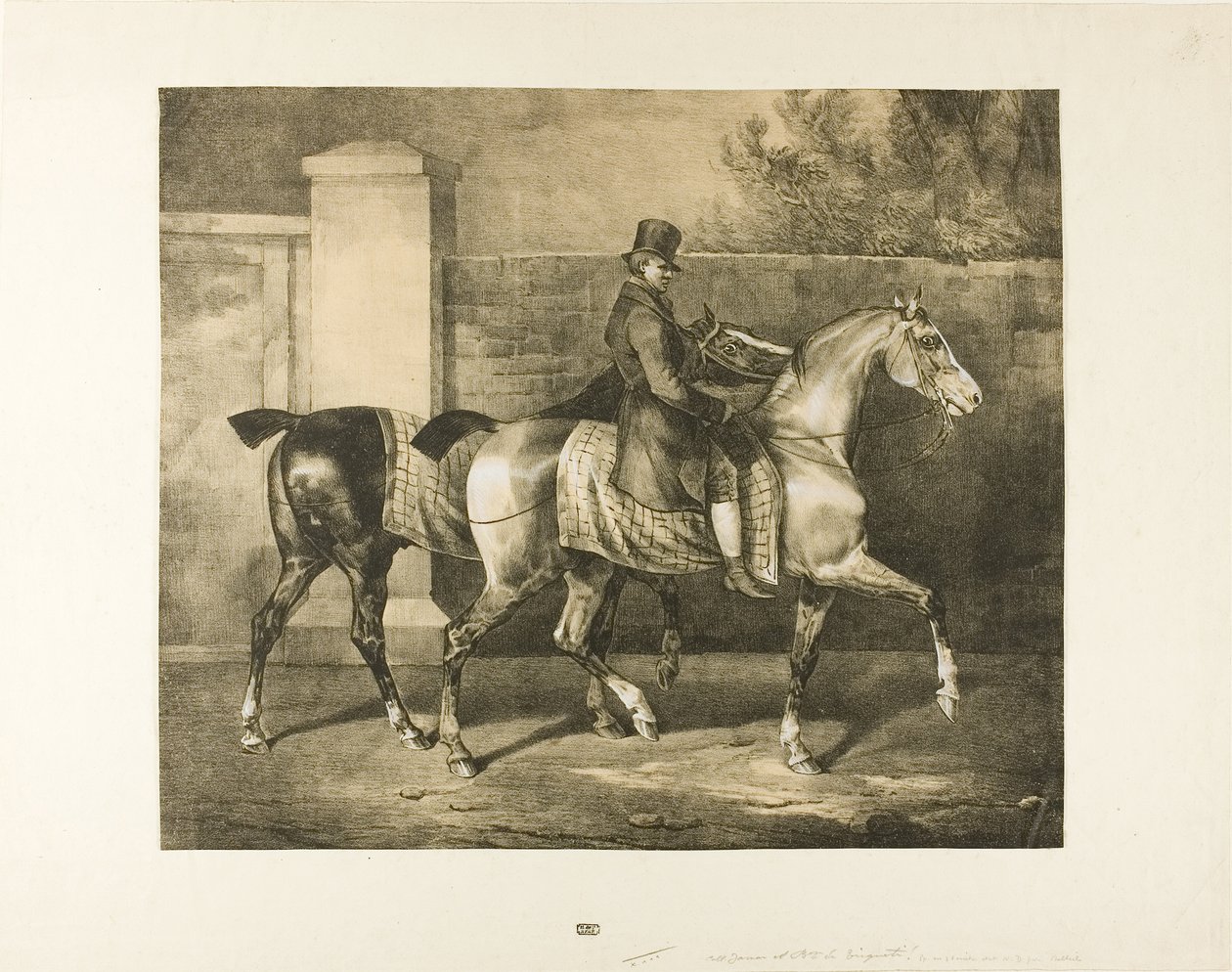 Två hästar ledda av en jockey av Jean Louis André Théodore Géricault