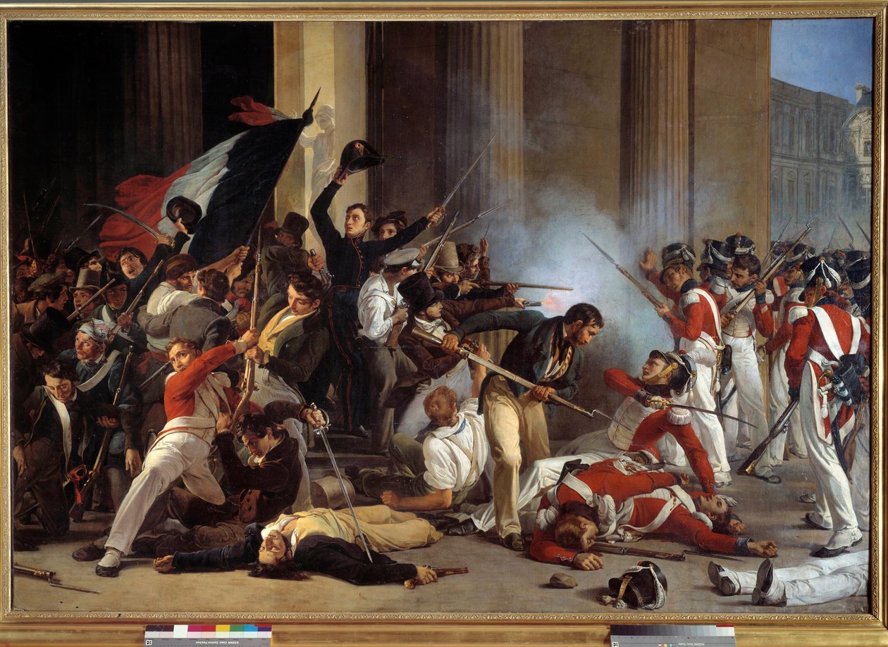 1830 års revolution: "" Under de tre härliga åren, erövring av Louvren 1830-07-29 och massaker av de schweiziska vakterna"" Målning av Jean Louis Bezard (1799-aprs 1861) 1830 Sön. 1,76 x 2,45 m Paris, Carnavalet-museet - Revolutionen 1830: "" Med Louvren a av Jean Louis Bezard