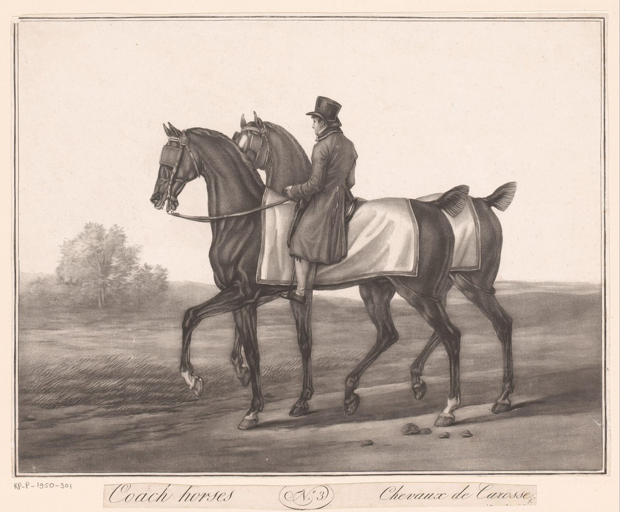 Ryttare följer med två hästar Chevaux de Carosse (titel på objekt) av Jean Louis Darcis (attributed to)