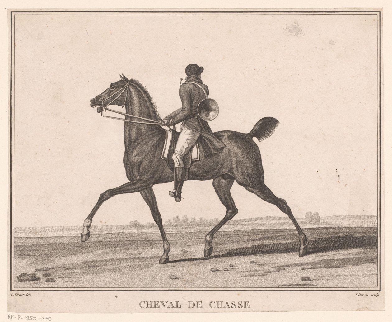 Ryttare till häst med jakthorn Cheval de Chasse (titel på objekt) Sujets de chevaux (serietitel) av Jean Louis Darcis