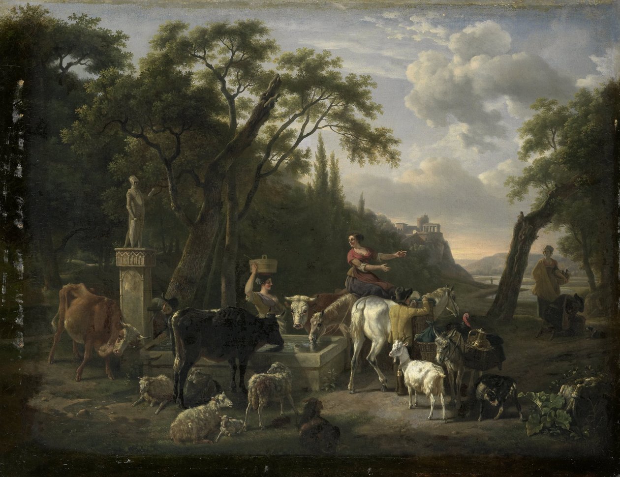Italienskt landskap med herdar och djur vid en fontän av Jean Louis Demarne