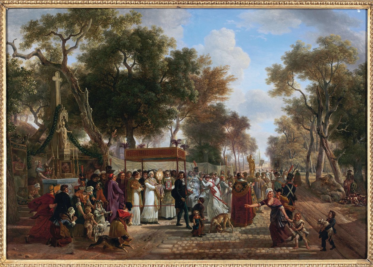 Corpus Christi procession in a village - Corpus Christi procession in a village, av Jean Louis Demarne (De Marne eller Demarnette) (ca 1752-1829). Olja på trä. Mått: 48x67cm. Privat samling av Jean Louis Demarne