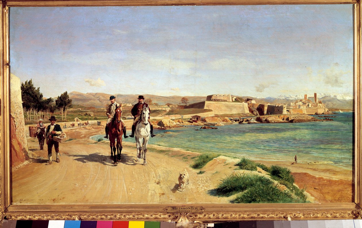 Antibes, ridturen. Konstnären och hans son Charles (1848-1917), målare. Målning av Ernest Meissonier (1815-1891) av Jean Louis Ernest Meissonier