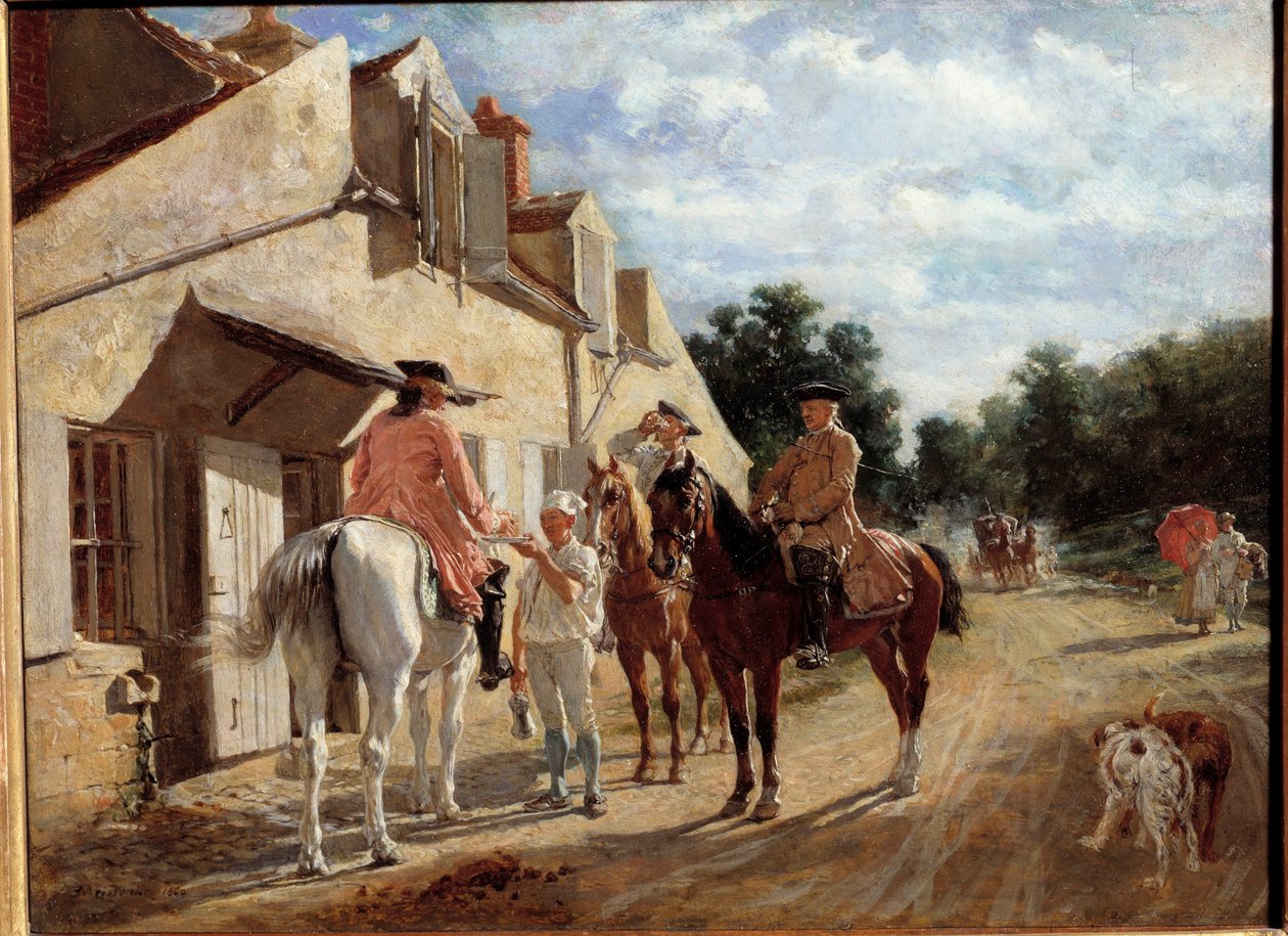 Au Tourne-bride, även känd som Tournebride och Boys of Saint-Germain Ryttarna tar en paus i en stafett i skogen Saint Germain och Laye. Målning av Jean-Louis-Ernest Meissonier (1815-1891) 1860. Sön 0,17x0,23 m Paris, Musée d